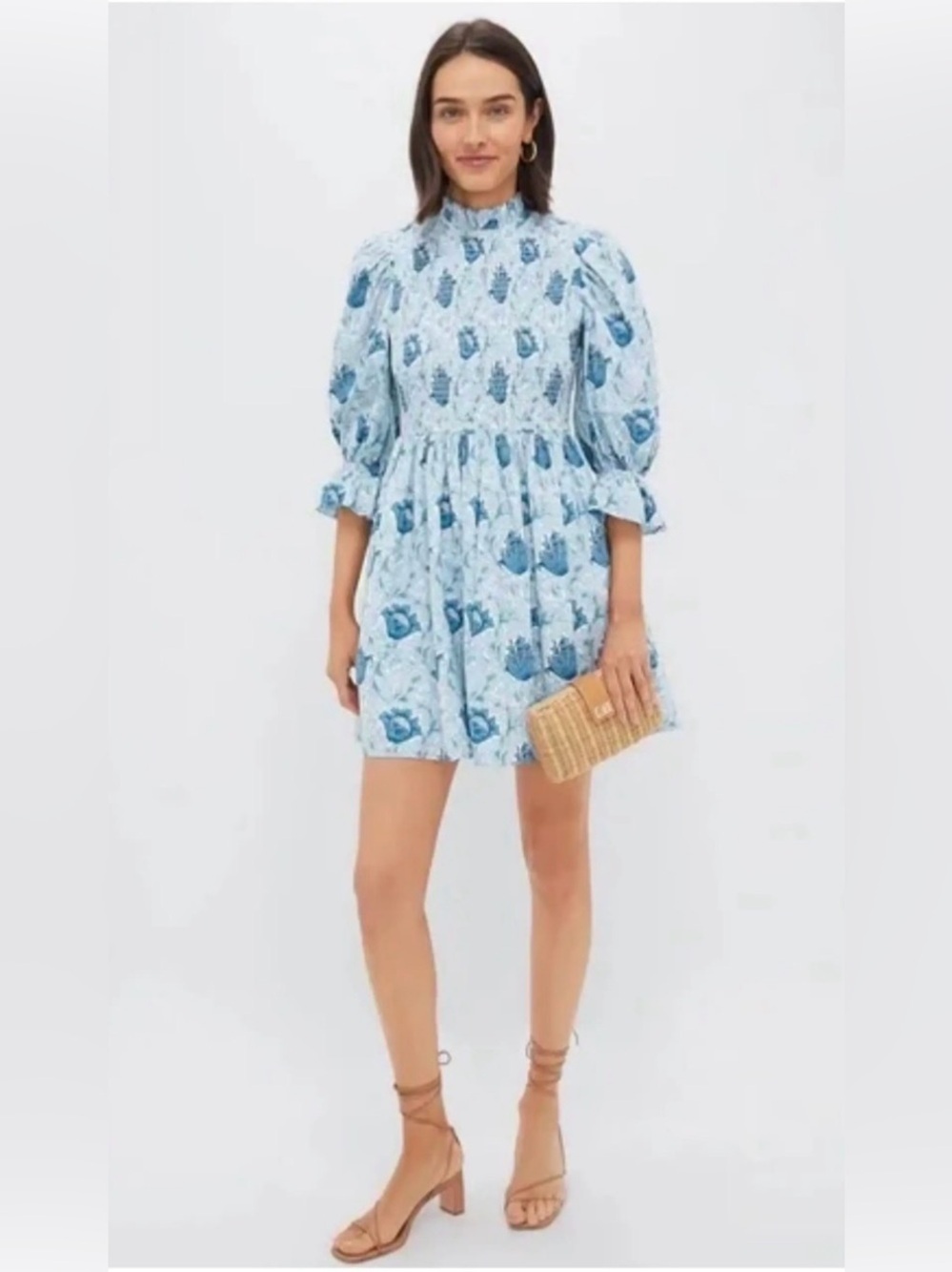 Hyacinth House Blue Floral Smocked High-Neck Women's Mini Dress Size L $148